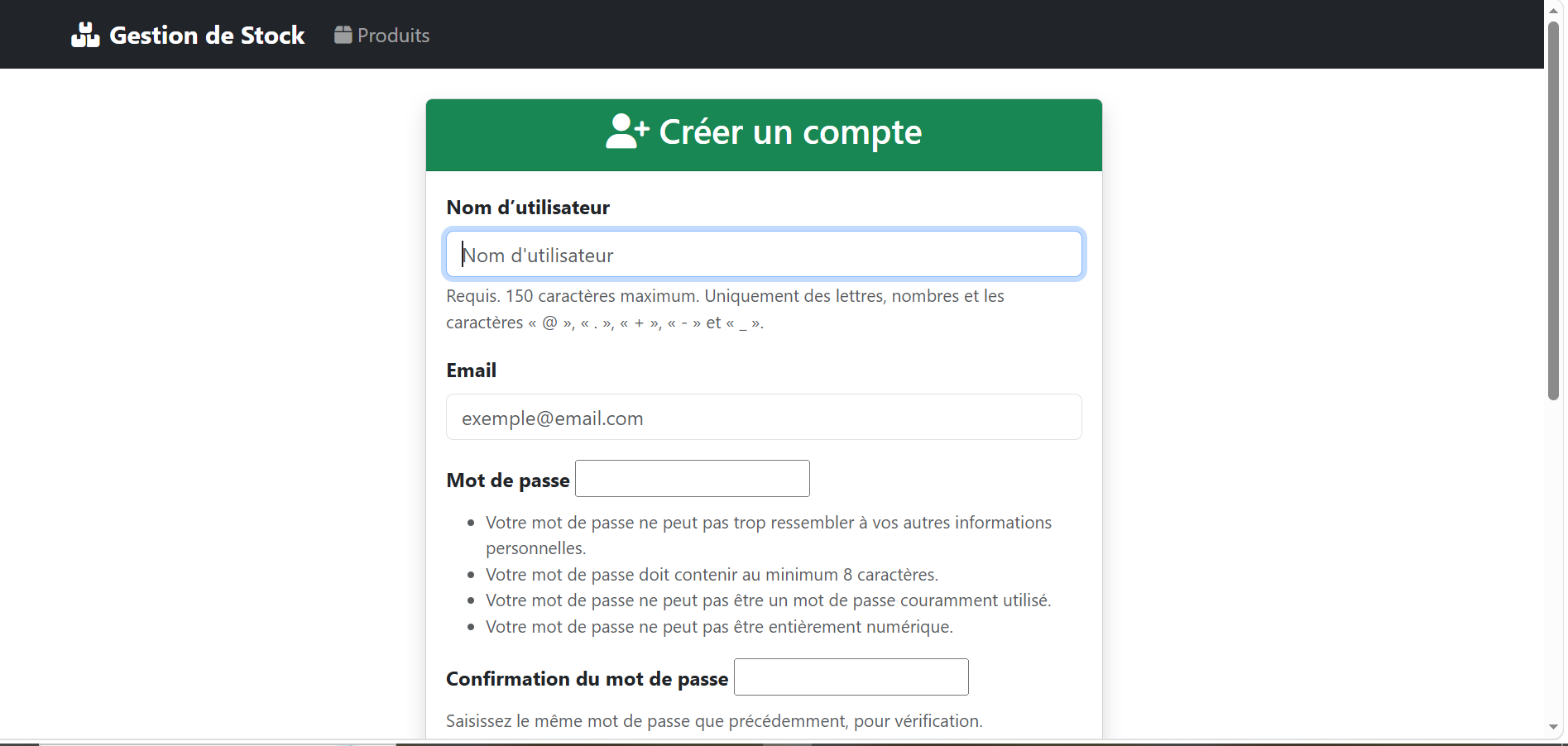 Formulaire de création de compte