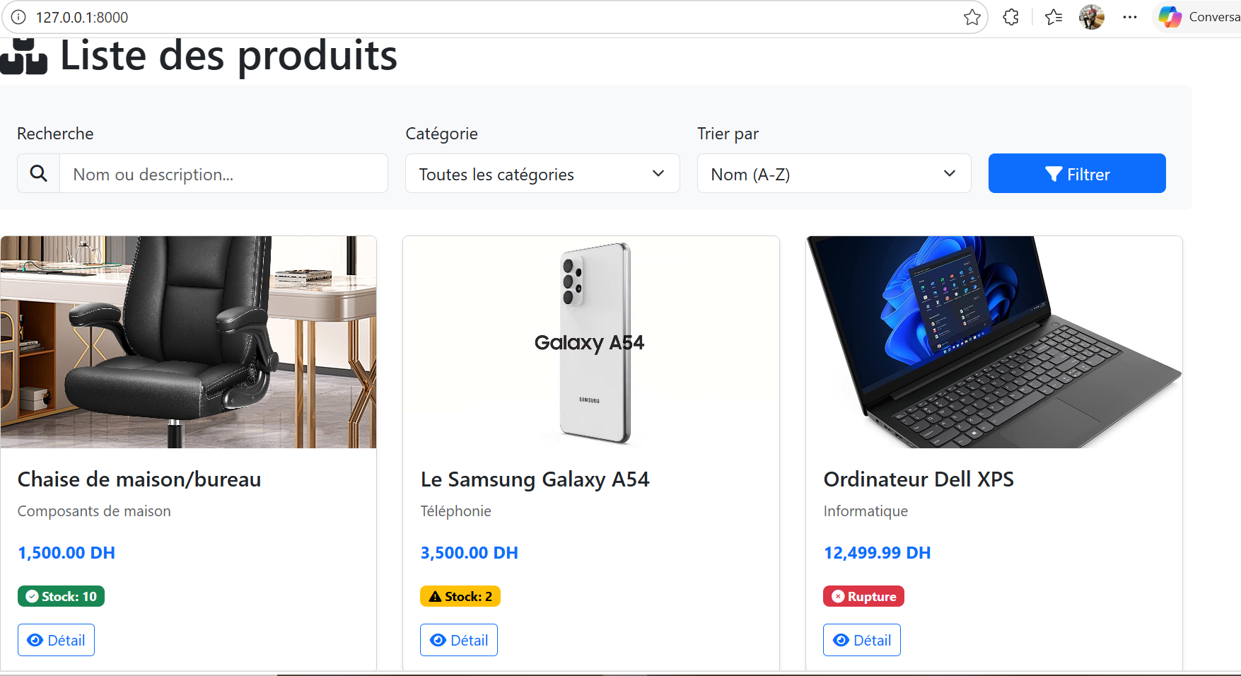Interface utilisateur - Liste des produits
