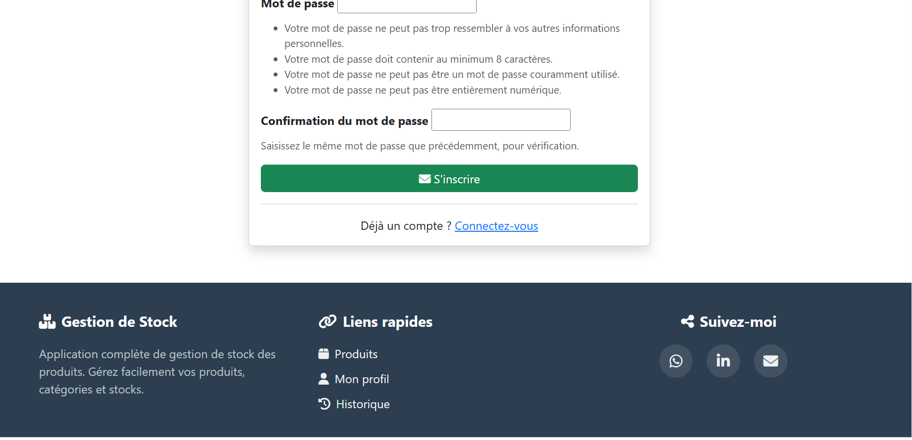 Suite du formulaire de création de compte